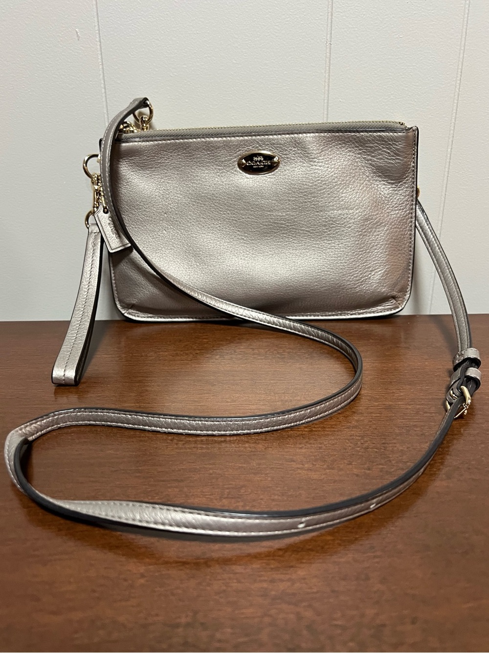 Coach Metallic Light Silver Crossbody Wristlet